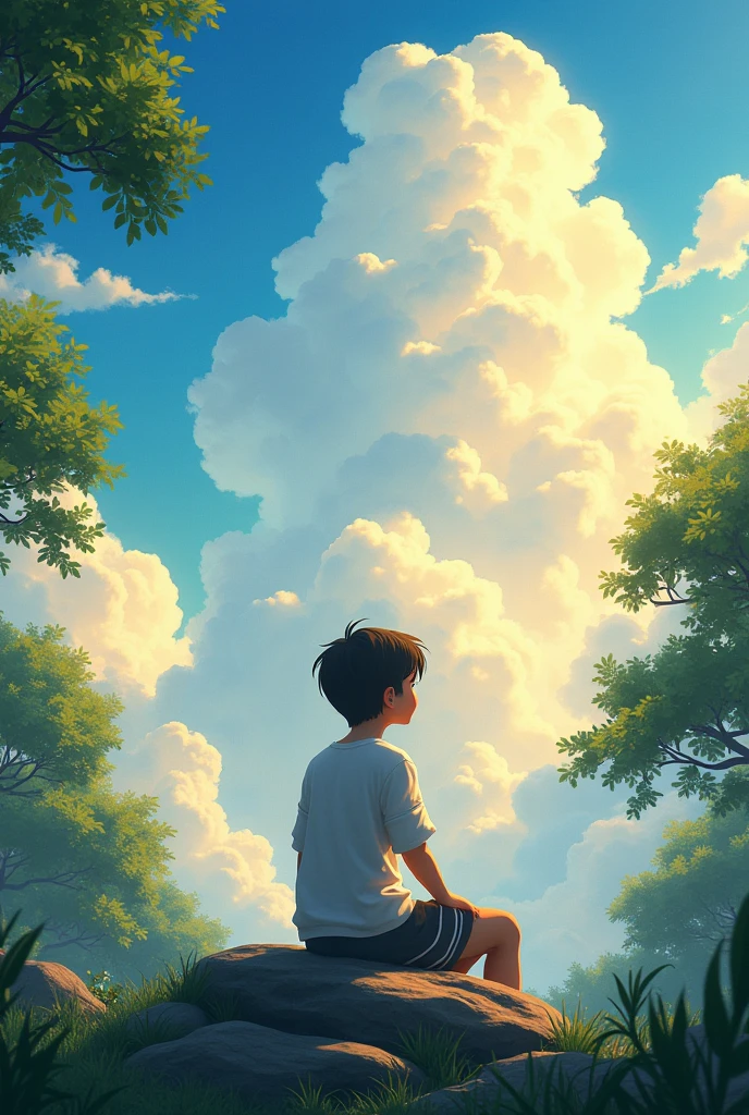 A serene 4K quality scene of a young person sitting on a rock, gazing at a vast, cloud-filled sky. The sky is filled with fluffy, white clouds bathed in warm sunlight, with patches of blue sky peeking through. The foreground features lush green trees with sunlight filtering through the leaves, casting dappled shadows. The atmosphere is peaceful, with a sense of calm and contemplation. The scene should have a soft, dreamy, and ethereal quality, with vibrant colors, intricate details, and realistic lighting effects.