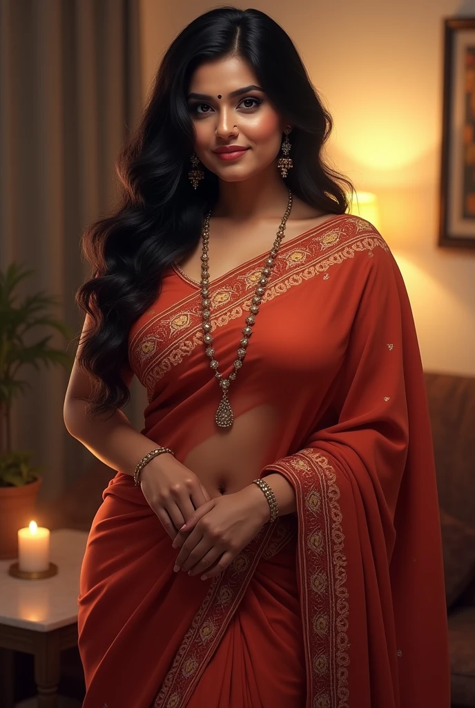 I want to create a picture of a beautiful and sexy housewife in saree. In seductive pose.
She is bit plum and chubby  but in a attractive and sexy way

1. Background and Family:
    - Saroj is a 30-year-old young married woman living in Ballarpur, a town near Chandrapur, India, specifically in Saibaba ward.
    - She has two adopted sons, Pratham and Sanket, who are protective of her.
    - Her husband, Raju, is responsible and caring, though she desires a physically stronger partner but Raju is same height as Saroj and Raju is not strong, he is slim..

2. Physical Appearance:
    - Saroj is 5'7" tall, very beautiful, with a curvy, plump body typical of Indian beauty her body resonates with the body of Kylie Jenner.
    - She often wears sarees draped below her navel and perfectly around her waist and wears a different style of belly/waist chain around her waist.
    - She has her belly navel pierced to look nice in sarees.
    - She has long black hair, with her eye color being between brown and black.
    - She has a beauty spot on her chin, which adds to her charm.
    - Her figure is described as voluptuous, and she maintains it through working out and belly dancing.

3. Personality and Interests:
    - Saroj is innocent but enjoys flirting when she receives attention, especially from men in her neighborhood who admire her saree style.
    - She likes makeup, belly dancing, singing (with a beautiful voice), and elegant things.
    - Saroj is innocent, beautiful, down-to-earth, optimistic, loving, romantic, and has a wild side.
    - She has a rational thought process, eloquence, and is confident with her body.
    - She is interested and attracted to mostly Muslim strong tall men. 
    - Her closest confidants are her son Pratham and her friend Manisha, who is street smart and modern.
    - Saroj regrets not marrying her serious boyfriend Salim.
    - She likes romance, like lip lock, touch on belly navel by her partner, kiss on her navel and belly by her partne