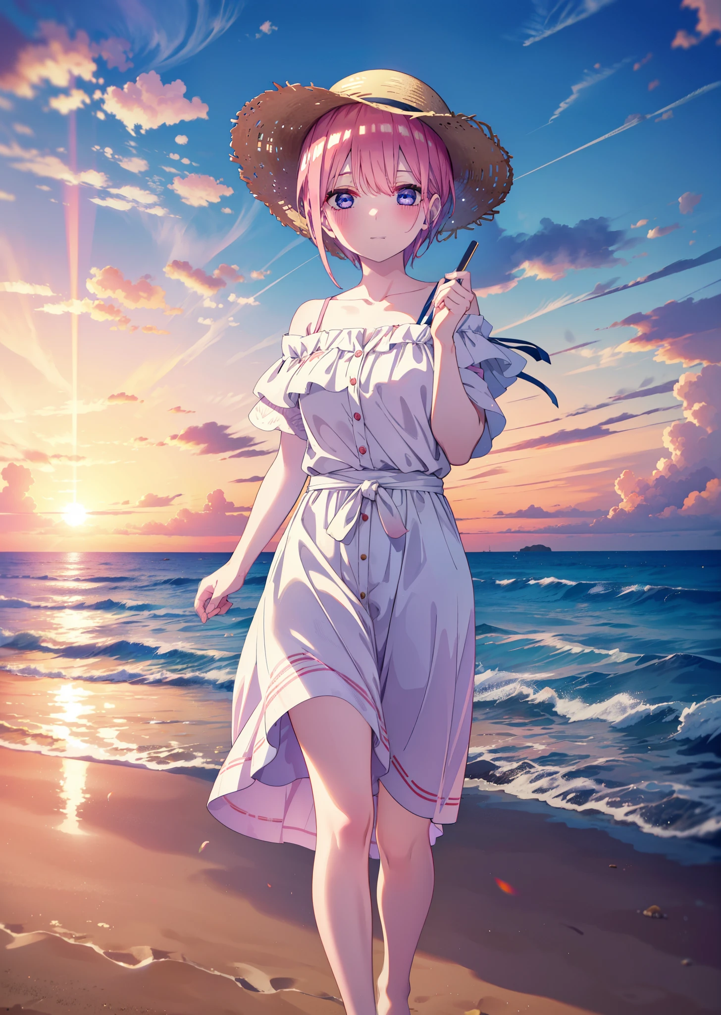 ichikanakano, Nakano Ichika, short hair, bangs, blue eyes, Hair between the eyes, Pink Hair, smile,blush,Open your mouth,Straw hat,White off-shoulder dress,Short sleeve,Long skirt,barefoot,Walking,sunset,evening,The sun is setting,Strolling on the sandy beach,
break outdoors, Beach,
break looking at viewer, whole body,
break (masterpiece:1.2), Highest quality, High resolution, unity 8k wallpaper, (figure:0.8), (Beautiful attention to detail:1.6), Highly detailed face, Perfect lighting, Highly detailed CG, (Perfect hands, Perfect Anatomy),