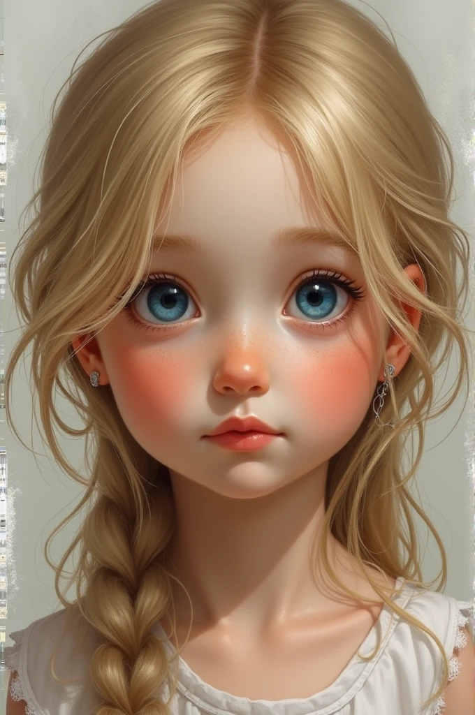 Realistic portrait of a blonde girl with blue eyes. It has to look real but homemade. 