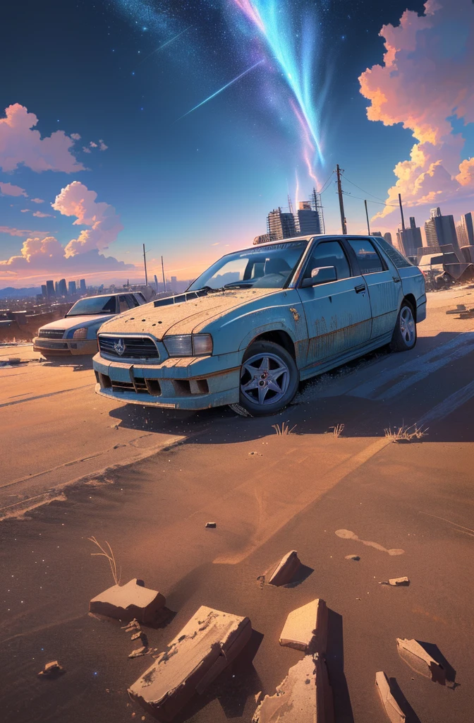 史诗迷幻Sky, psychedelic Sunset, outdoor, Sky, Storm Cloud, thunder, lightning, water, No_Humanity, cloudy_Sky, architecture, Star_(Sky), landscape, lens_Flare, Starry_Sky, reflection, Sunset, post apocalyptic City, post apocalyptic Cityscape, post apocalyptic Skyscraper, City_lamp, diffraction, Incredible color scheme, The perfect color scheme (A perfect masterpiece,best quality, Optimal resolution:1.5)(Perfect CG 8K UHD Unified Wall