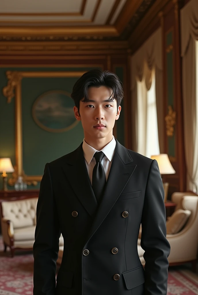 A handsome like kim soo hyun or lee jong suk korean boy , aged 15-16 years standing in a luxurious house