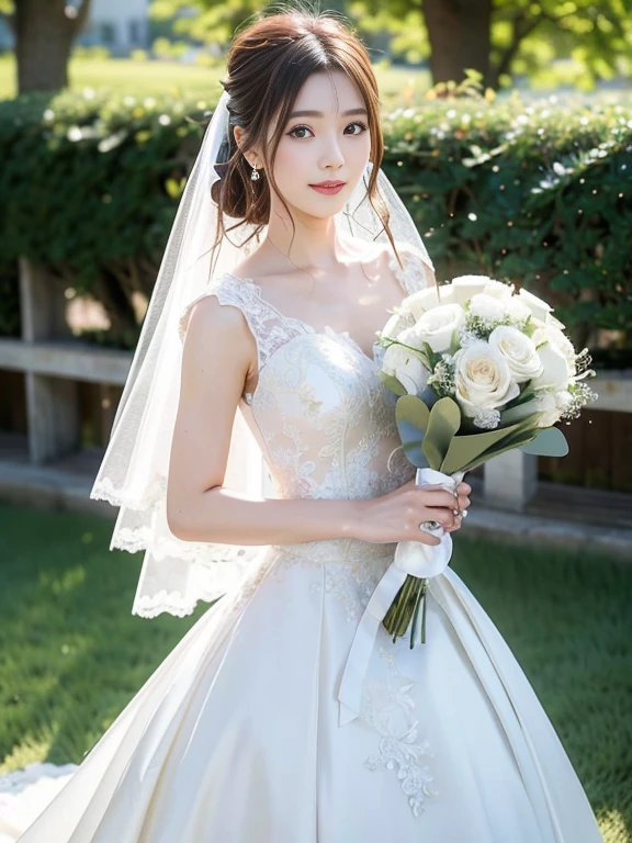 Photo-realistic quality、a woman in a Wedding dress holding a bouquet of flowers、Standing in front of the church、20 year old Japanese model、白のWedding dress,Hanae Mori style wedding dress、Japan idols at 20 years old、lace prom dresses、looking at the camera、Detailed and beautiful eyes、Cute smile、Relaxed and gentle expression、a close up of a woman in a Wedding dress holding a bouquet, Wedding dress, So magical and dreamy、Blur the background a lot、300ｍｍ F2.Shot with 8 lenses