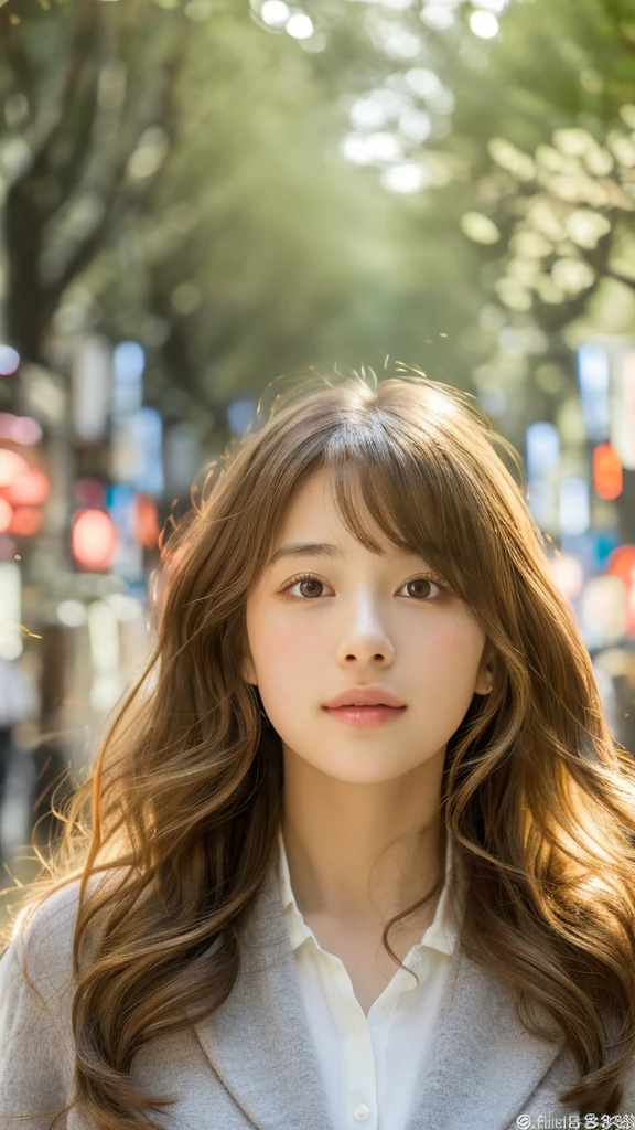 (8k, highest quality, masterpiece: 1.4), Super detailed, highest quality, Ultra-high resolution, Depth of written boundary,(Photorealistic:1.4,RAW shooting,)Ultra-Realistic Capture,(Very detailed,High definition 16K), cute, girl, Brown Hair, (In town:1.4), (Sunlight filtering through the trees:1.4), (Tokyo Street:1.4), Japanese, 16-year-old girl, Mr.々A pose, Wavy Hair, (face,front), (indoor:1.4), Sunlight streaming through the window, Face Up Shot