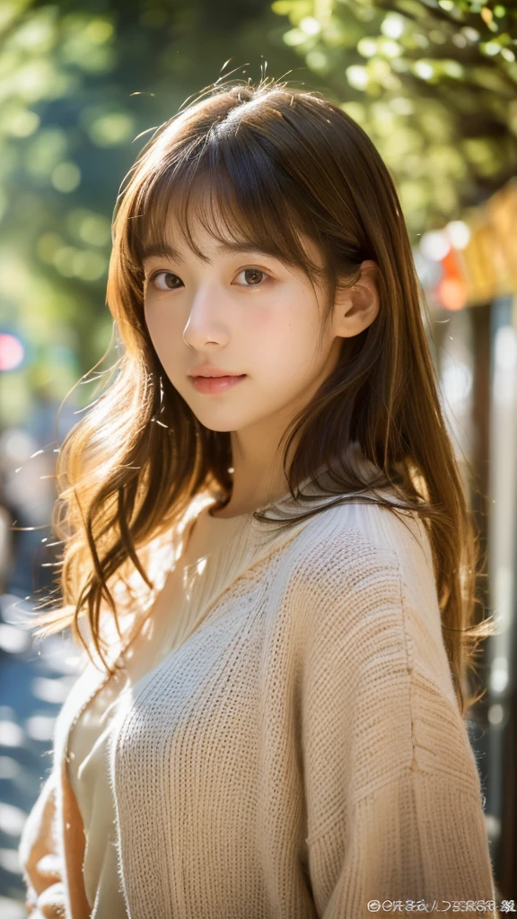 (8k, highest quality, masterpiece: 1.4), Super detailed, highest quality, Ultra-high resolution, Depth of written boundary,(Photorealistic:1.4,RAW shooting,)Ultra-Realistic Capture,(Very detailed,High definition 16K), cute, girl, Brown Hair, (In town:1.4), (Sunlight filtering through the trees:1.4), (Tokyo Street:1.4), Japanese, 16-year-old girl, Mr.々A pose, Wavy Hair, (face,front), (indoor:1.4), Sunlight streaming through the window, Face Up Shot