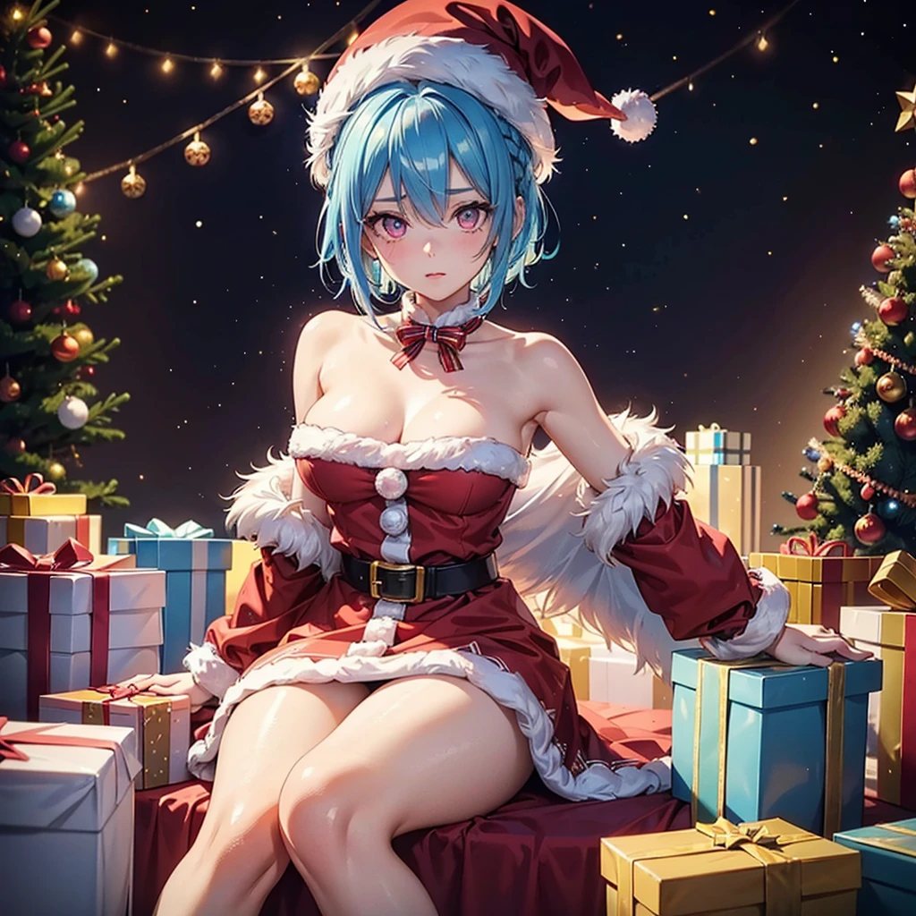 (Sky blue hair),(Braided short hair), (Pink Eyes),Fair skin) ,(whole body),(One Girl),(Gift boxes filling the background),(Santa Claus clothes),(Ahegao),Santa Claus hat,(Christmas Party),(masterpiece, Highest quality, Very detailed, Best Shadow), (Detailed Background), (Beautifully detailed face), High Contrast, (Best lighting, Very delicate and beautiful), ((Cinematic Light)), Hyper Detail,8k, Dramatic Light, Intricate details,night,Christmas tree