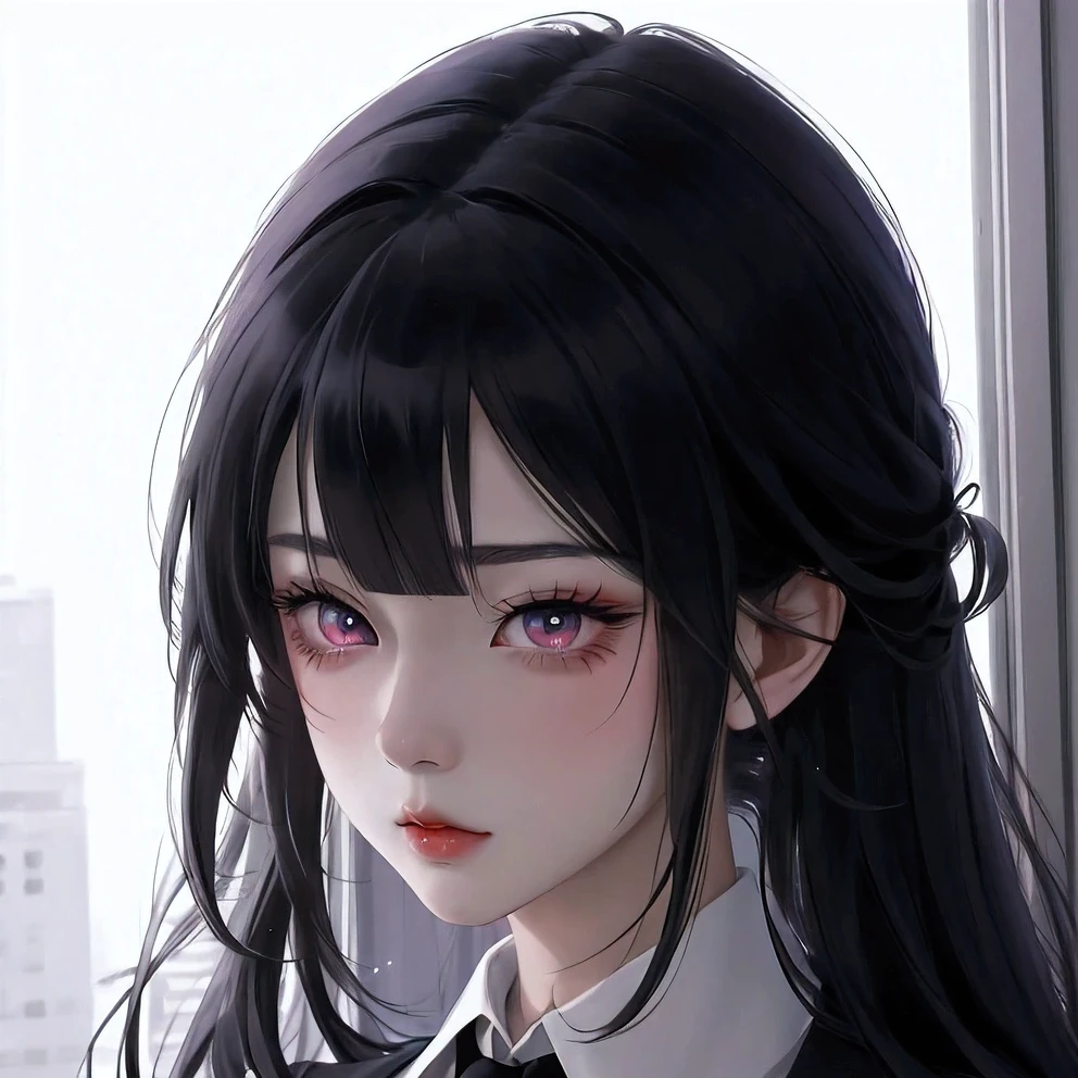 anime girl with black hair and black tie staring at camera, an anime drawing by Jin Homura, tumblr, vanitas, with huge luminous sad eyes, black anime pupils in her eyes, extremely cute anime girl face, cute anime face, perfect anime face, pretty anime face, & her expression is solemn, anime face, gapmoe yandere, noire, annoyed face, anime, blending, backlighting, depth of field, drop shadow, high details, high quality, best quality, highres, 4K, masterpiece, accurate