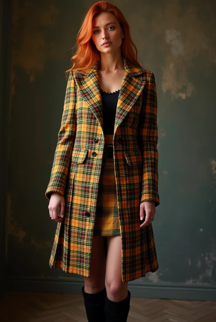 una donna scozzese ,vestita con tartan base giallo con righe più sottili in nero e rosso, capelli rossi lunghi ,belle gambe, kilt corto,tacchi, calze nere Cammina carponi in una sala vuota
