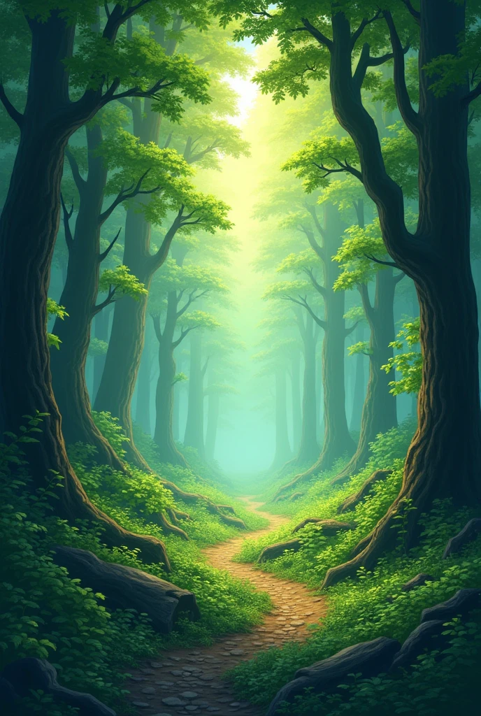 Deep Forest、The leaves are lush、The sun is shining a little、Calm、No living creatures、The fruit is bearing a little、
