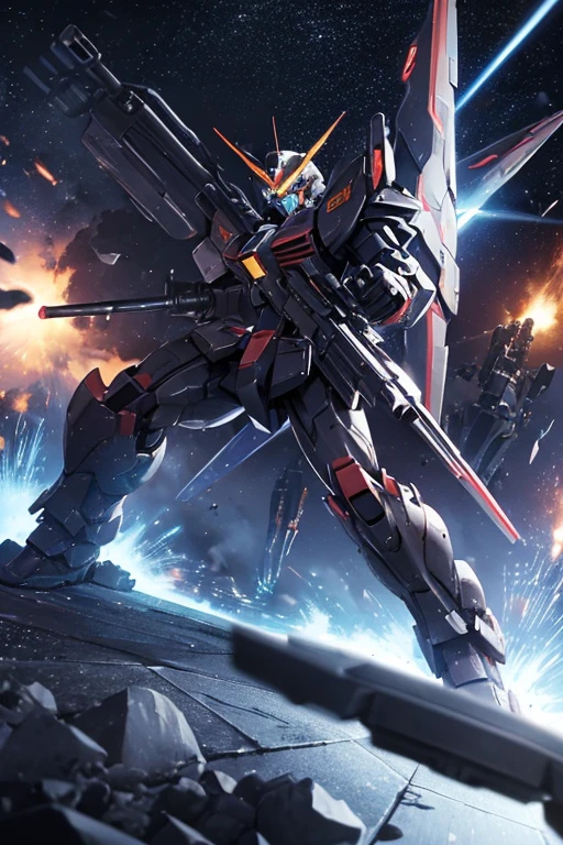 ((((The first one))))((((Armored Core))))　Gundam　1 machine　Beam rifle　Holding a gun　He holds a rifle in his right hand　Left arm has a shield　high resolutionの手
(ボトムズ)　universe　Black　high resolution
Enemy in combat　Destroying the enemy　
The battleship is in the background.