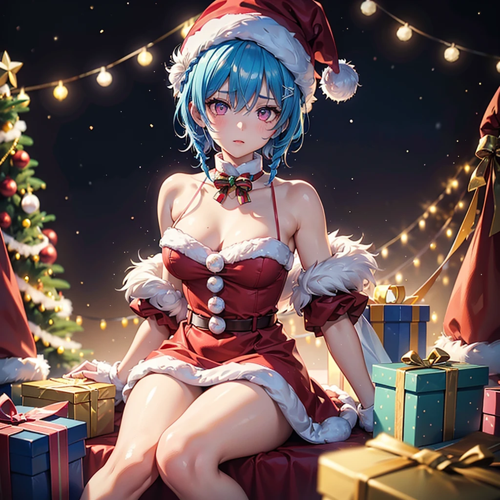 (Sky blue hair),(Braided short hair), (Pink Eyes),Fair skin) ,(whole body),(One Girl),(Gift boxes filling the background),(Santa Claus clothes),(Ahegao),Santa Claus hat,(Christmas Party),(masterpiece, Highest quality, Very detailed, Best Shadow), (Detailed Background), (Beautifully detailed face), High Contrast, (Best lighting, Very delicate and beautiful), ((Cinematic Light)), Hyper Detail,8k, Dramatic Light, Intricate details,night,Christmas tree