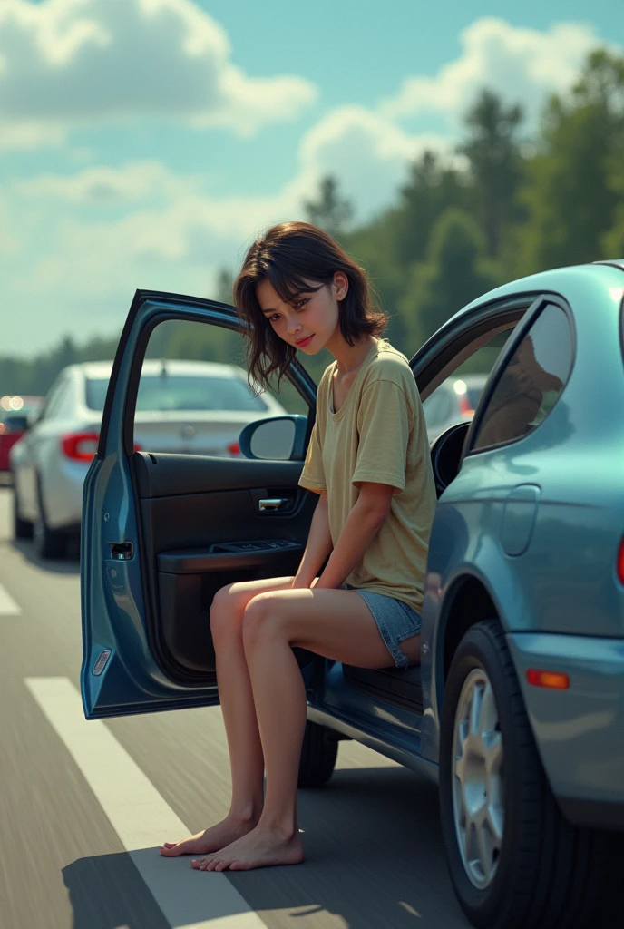  
(A teen girl is currently peeing (urgently) at side of the freeway) ( sitting on car with the open car door to hide herself. (She made her parents pull over the car in from of traffic for pit stop) couldn’t hold it any longer 