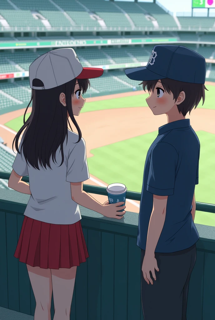 A Japanese girl wearing a baseball cap selling beer in the stadium, talking to a man in the stands.
