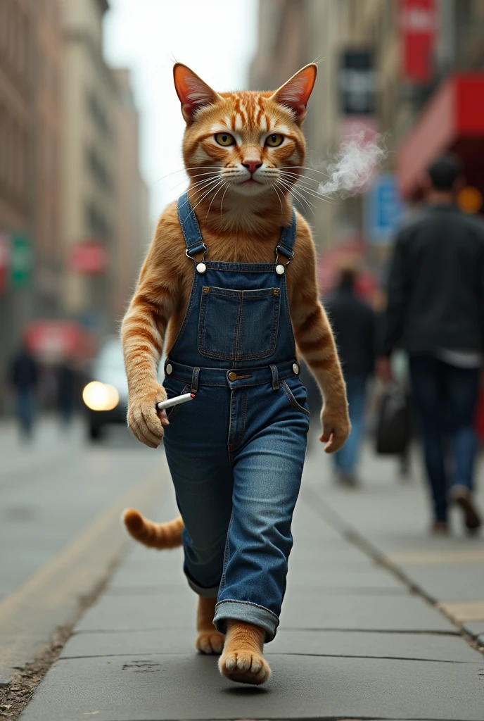 Make a cat walking on two legs and wearing jeans and smoking 