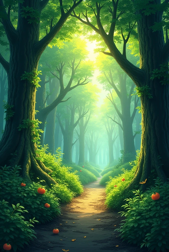 Deep Forest、The leaves are lush、The sun is shining a little、Calm、No living creatures、The fruit is bearing a little、real