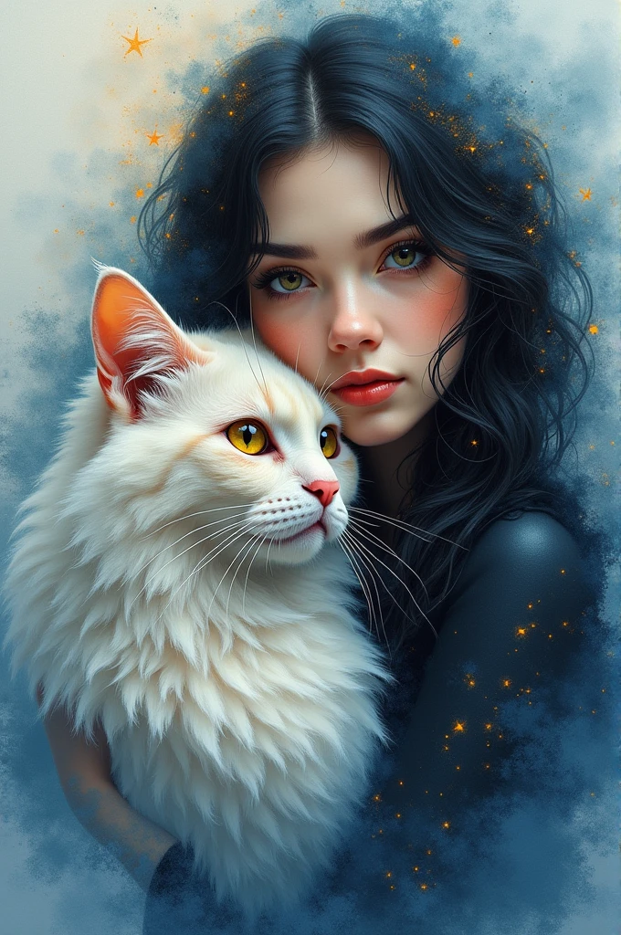 
an abstract portrait painting depicts the face of a beautiful woman with long, slightly curly hair, close up face, yellow eyes, hugging a large Persian cat with thick fur and its fur shining like a diamond, half body photo, around it there are sparkscolorful watercolor, the woman is very graceful, there is a sad and melancholic gaze that brings an atmosphere of loss to those who look at her, the background is a gradient of blue and white, the background material is canvas, oil painting, digital art
