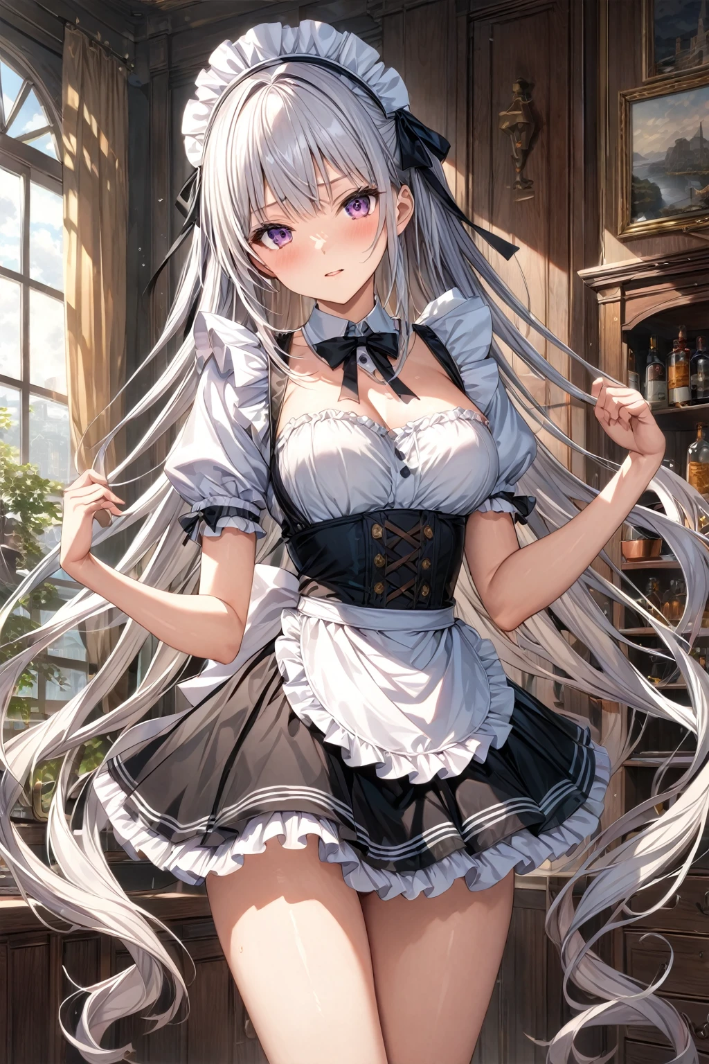 score_9, score_8_up, score_7_up , source_anime, masterpiece, best quality, perfect anatomy , very aesthetic , absurdres ,intricate illustration ,ultra-detailed animation,1girl,solo,White hair,twin tail,long hair,maid's outfit,
highly detailed,best quality,absurdres,detailed,HDR,natural light,