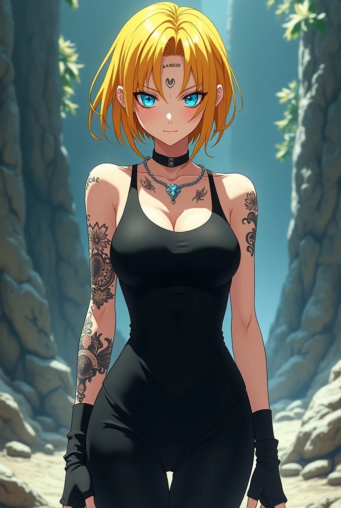Make a anime of a hero which is thin 42 kg and tall of 5.6 height wearing black dress and pant have dark yellow hair with glowing blues eyes has a diamond chain in his neck a broken heart tatto in his left eye ,s below and SAMBID named tatto in his right gore head with long black nails