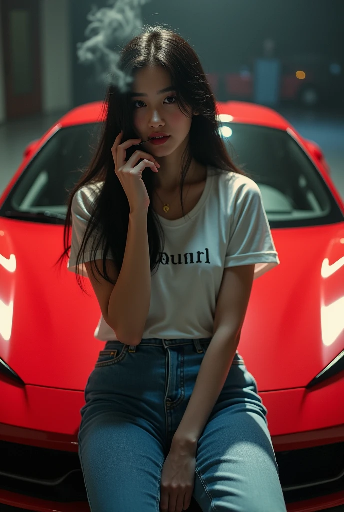 Korean beautiful woman, wearing a t-shirt with Yuri writtenon it, jeans, long straight black hair, soft lig, smoking cigarettes, ai ,layjng on a Ferrari , intricate details, hard lighting