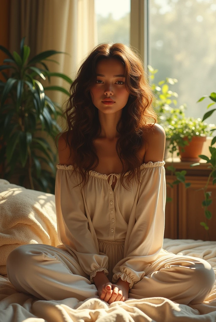 (photorealism:1.2), beautiful woman, sitting on bed, wearing loose off-shoulder top, pajama pants, long curly hair, indoors, soft lighting, plants in background, window with sunlight, cozy room, relaxed pose, realistic, intricate details, warm colors, by Greg Rutkowski, by Alphonse Mucha