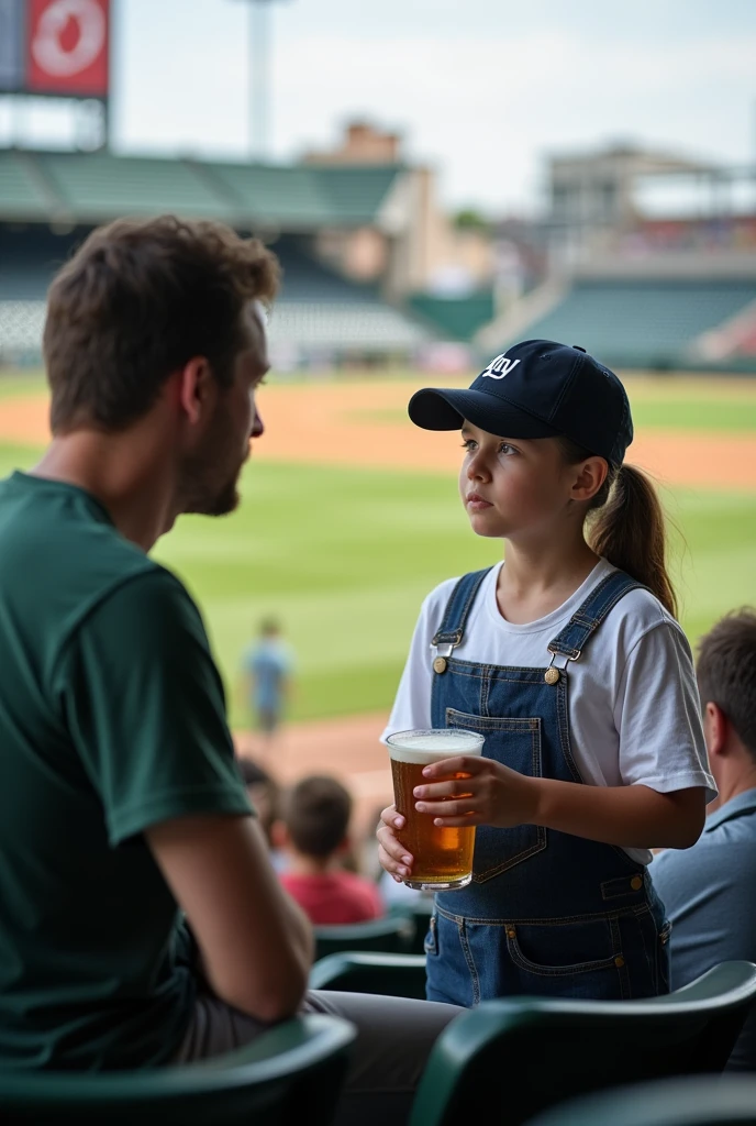 A girl wearing a baseball cap selling beer at the ballpark, talking to a man in the stands.