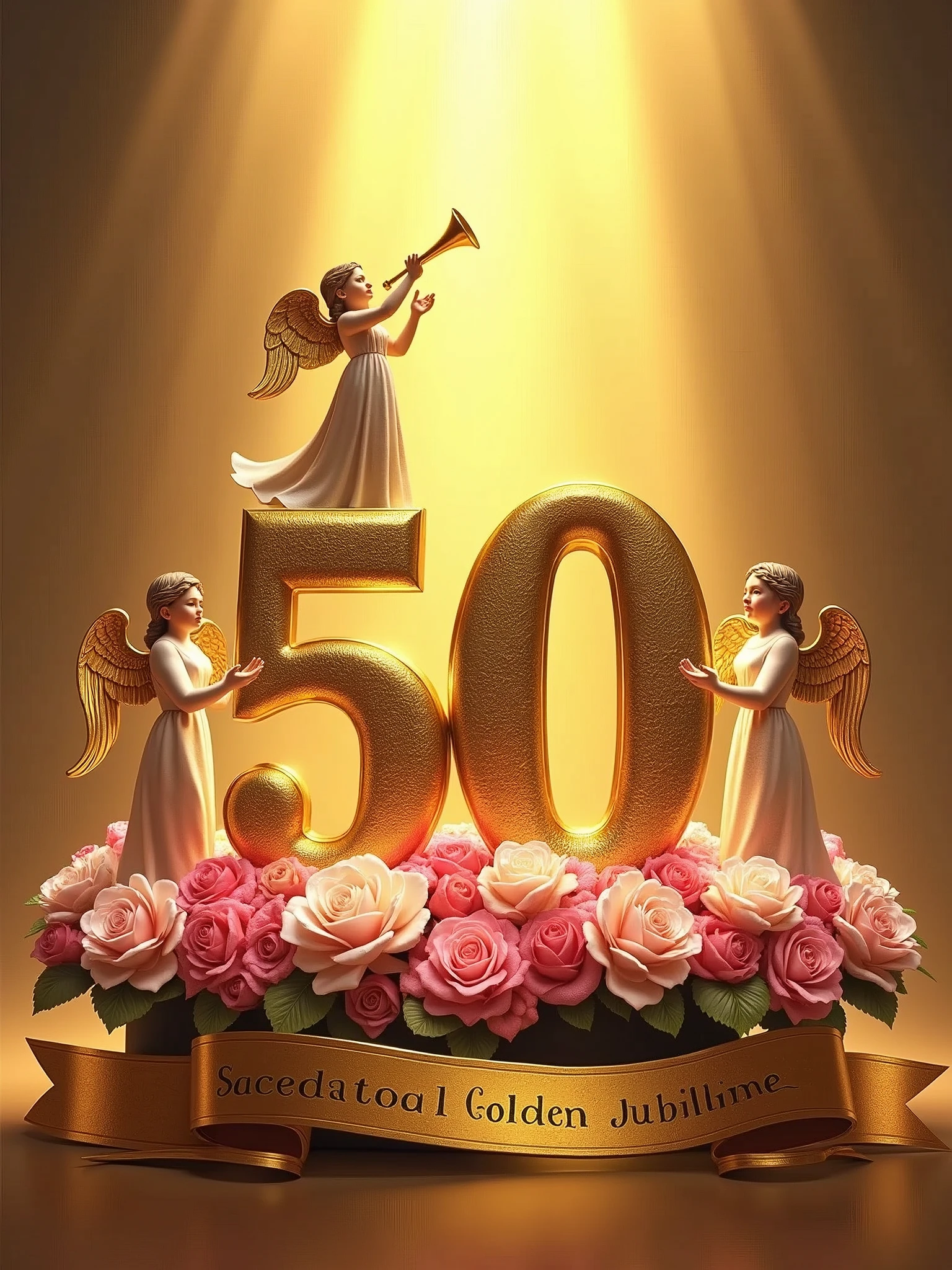 Create a visually stunning and celebratory scene featuring a golden number 50 placed vertically on the left side of the image, lying on a bed of lush bouquets of pink and white flowers. At the top of the number 50, place a majestic angel holding a trumpet, as if heralding a grand announcement. Beside the number 50 on the right, position another angel in a welcoming posture, extending a hand as if inviting others to join the celebration. At the bottom of the image, include an elegant golden ribbon flowing gracefully with the words 'Sacerdotal Golden Jubilee' inscribed in a sophisticated font. Ensure the overall composition exudes a sense of reverence, festivity, and honor.