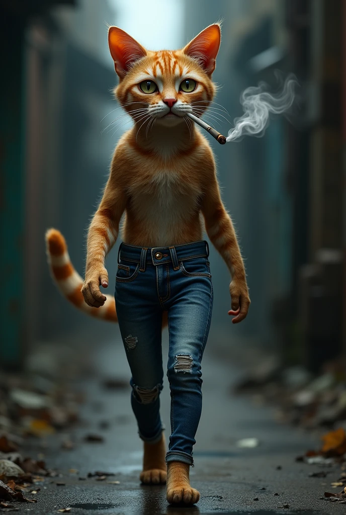 Make a cat walking on two legs and wearing jeans and smoking  more detaied