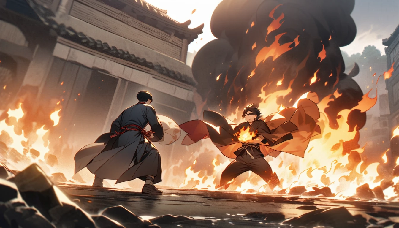 The scene where Ishikawa Goemon protects his son in the pot。Protect your son with your own body、A father facing hardship。Flames and heat are all around.、A tense scene。