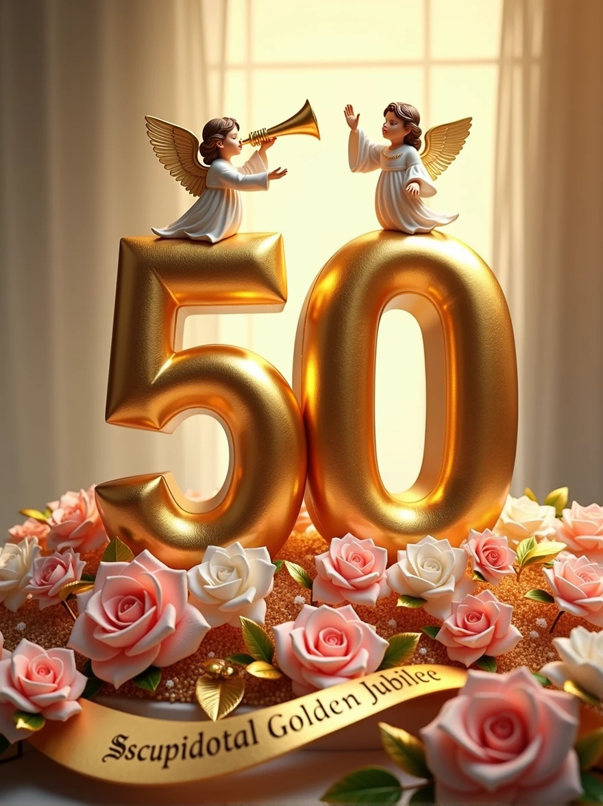 Create a visually stunning and celebratory scene featuring a golden number 50 placed vertically on the left side of the image, lying on a bed of lush bouquets of pink and white flowers with golden leaves. At the top of the number 50, place a majestic angel holding a trumpet, as if heralding a grand announcement. Beside the number 50 on the right, position another angel in a welcoming posture, extending a hand as if inviting others to join the celebration. At the bottom of the image, include an elegant golden ribbon flowing gracefully with the words 'Sacerdotal Golden Jubilee' inscribed in a sophisticated font. Ensure the overall composition exudes a sense of reverence, festivity, and honor.