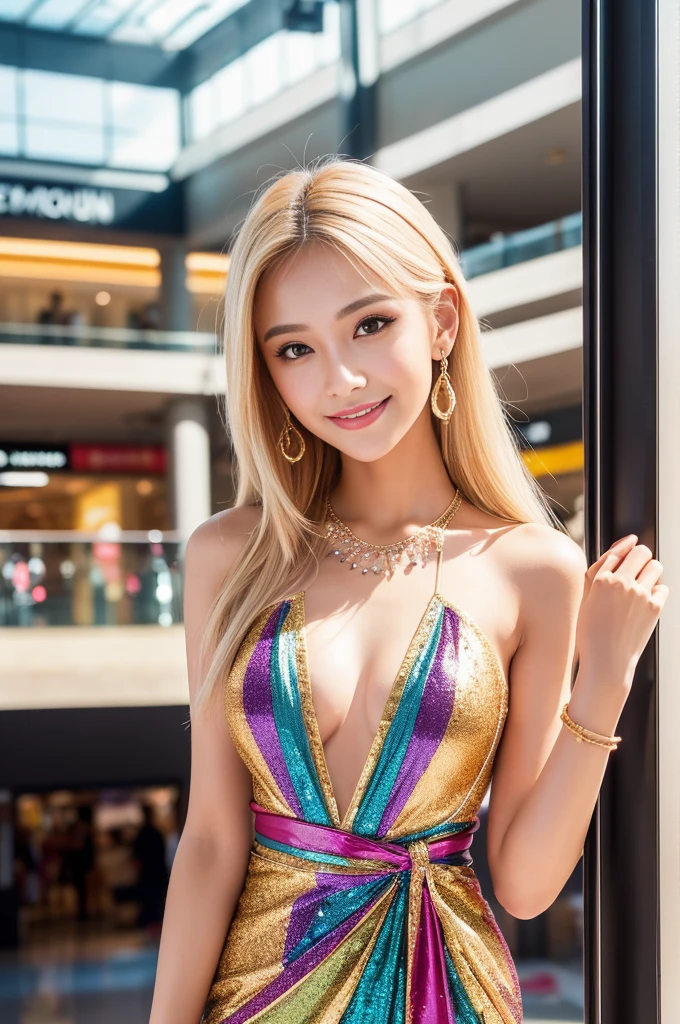 (best quality, 4k ,8k, highres, masterpiece:1.2), ultra-detailed, (realistic, photorealistic, photo-realistic:1.37), closeup, beautiful Thai woman, (slim girl), (happy smile), long lashes, beautiful makeup, platinum blonde hair, fair skin, slender figure, elegant posture, wearing large sparkling colorful jewelery, wearing a business style leather dress, standing in a large shopping mall, gentle sunlight shining through the shopping mall windows, casting a soft glow on her face, adding warmth to the scene, vibrant colors, capturing the essence of vibrant city life, portrait style, showcasing her natural beauty and grace in a feminine way