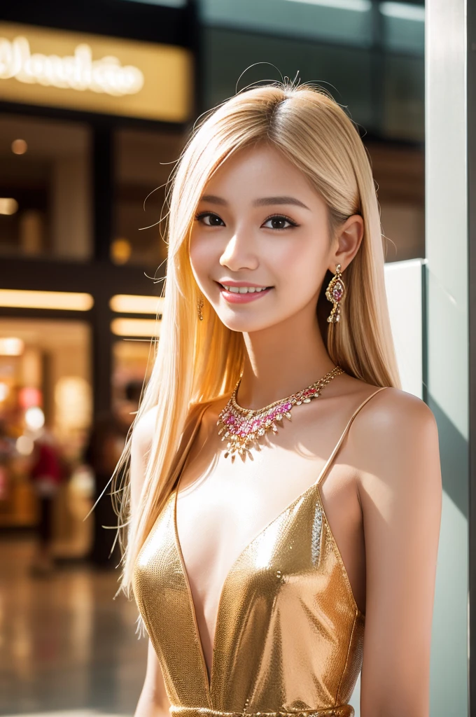 (best quality, 4k ,8k, highres, masterpiece:1.2), ultra-detailed, (realistic, photorealistic, photo-realistic:1.37), closeup, beautiful Thai woman, (slim girl), (happy smile), long lashes, beautiful makeup, platinum blonde hair, fair skin, slender figure, elegant posture, wearing large sparkling colorful jewelery, wearing a business style leather dress, standing in a large shopping mall, gentle sunlight shining through the shopping mall windows, casting a soft glow on her face, adding warmth to the scene, vibrant colors, capturing the essence of vibrant city life, portrait style, showcasing her natural beauty and grace in a feminine way