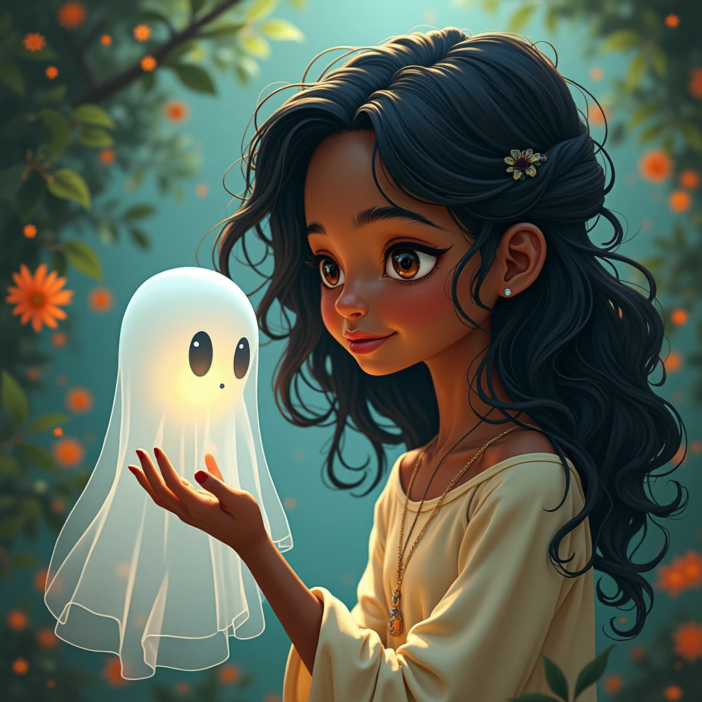 A beautiful girl with dark skin and long black hair, a cute semi-transparent ghost, children's book style, graphic novel concept art, raw style, ultra-detailed, masterpiece, 8k, high quality, vivid colors, soft lighting, warm tones, magical realism