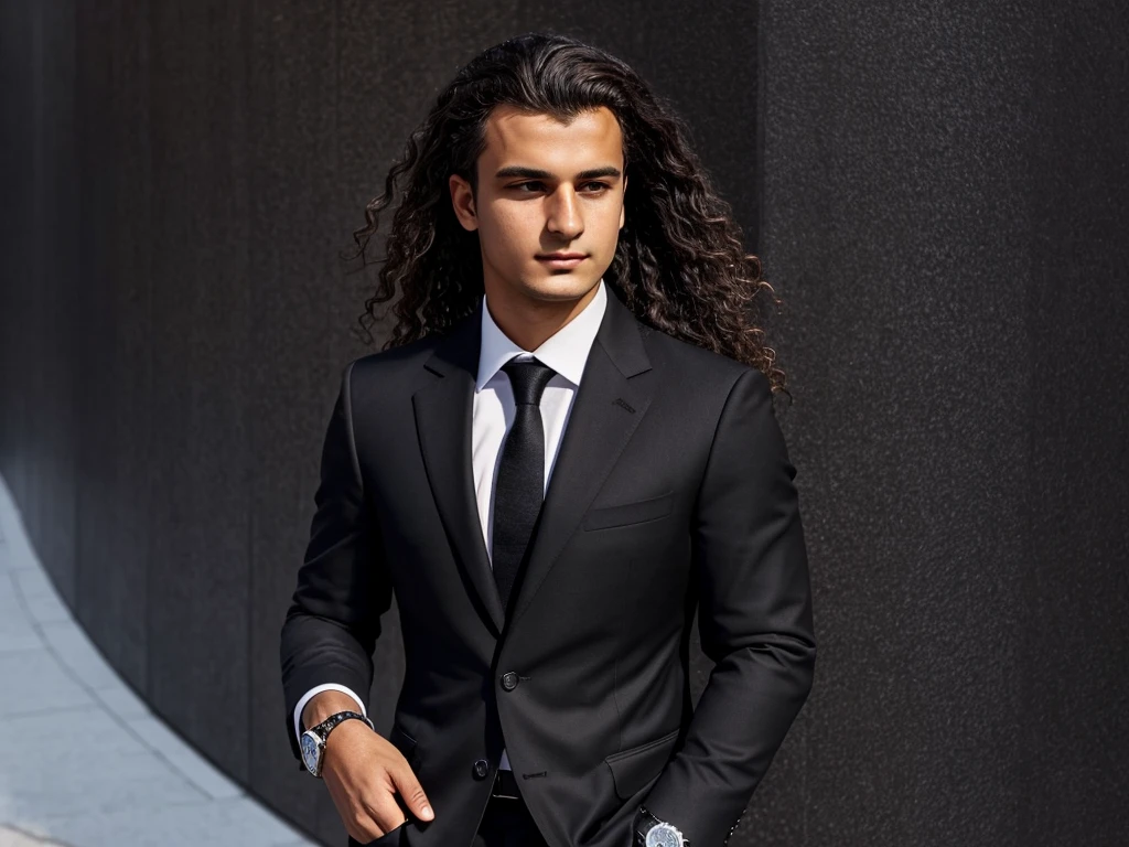 Make a 18 year old Hungarian wavy higgledy-piggledy dark brown (almost black) haried investor and business-man. He wears black suit and a watch. The background is full white. It's a half-body profile picture of him. He is a millionaire. He is looking into the camera.