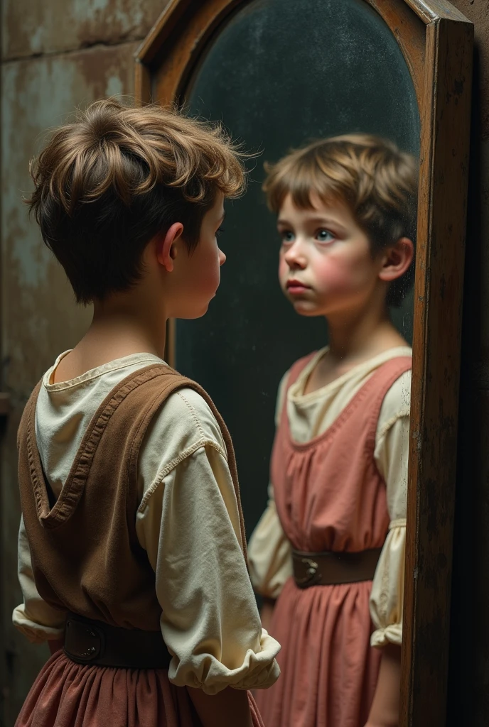 Create a 17-year-old boy from the medieval era dressed as a peasant looking at himself in a mirror and reflecting on his image as a princess wearing a pink dress.