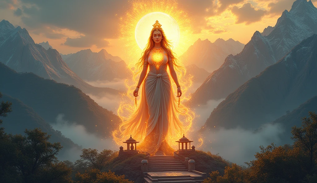 "Create a visually captivating thumbnail for 'जीण माता अमर कथा'. The image should feature a serene depiction of जीण माता, radiating divine energy with a soft golden glow surrounding her. The background should showcase a mystical mountain landscape with a temple at its peak, symbolizing the sacredness of her abode. Incorporate traditional Rajasthani elements, like intricate patterns and vibrant colors, to evoke the cultural richness. Include a subtle, elegant text overlay that reads 'जीण माता अमर कथा' in a traditional Rajasthani font, ensuring the text is clear and legible."