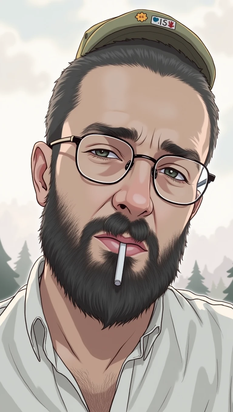 a man with black bear, glasses, white shirt. He's smoking a joint. Rasta hat.