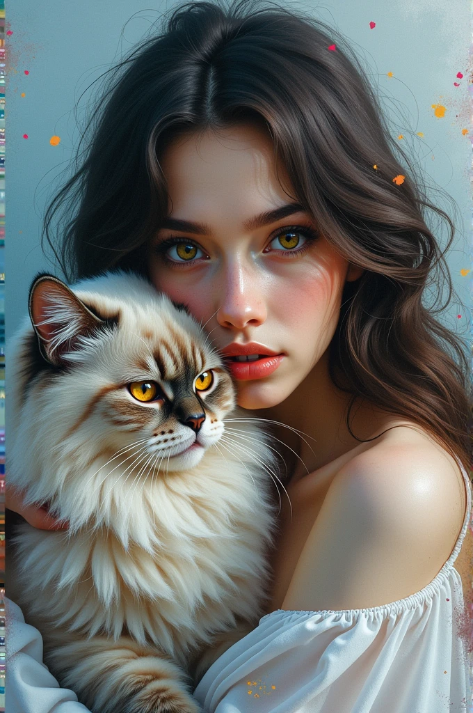 Kalian para cewek suka Boneka atau Bunga?
Aku
an abstract portrait painting depicts the face of a beautiful woman with long, slightly curly hair, close up face, yellow eyes, hugging a large Persian cat with thick fur and its fur shining like a diamond, half body photo, around it there are sparkscolorful watercolor, the woman is very graceful, there is a sad and melancholic gaze that brings an atmosphere of loss to those who look at her, the background is a gradient of blue and white, the background material is canvas, oil painting, digital art