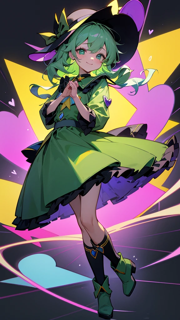 masterpiece、Highest quality、Very detailed、8K、One Girl、adorable look、Oriental Project、Koishi Komeiji、Green Hair、A round black hat with a yellow ribbon、Yellow jacket(Green collar、Three diamond-shaped light blue gems lined up vertically on the chest)、Green Skirt、Medium chest、Closed purple third eye(They are connected to black boots by purple cords)、smile、Make a heart shape with your hands、Stained Glass、Hearts scattered、