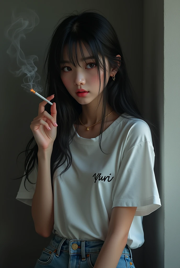 Korean beautiful woman,  wearing a t-shirt with Yuri writtenon it, jeans, long straight black hair, soft lig, smoking cigarettes, ai , , intricate details, hard lighting 