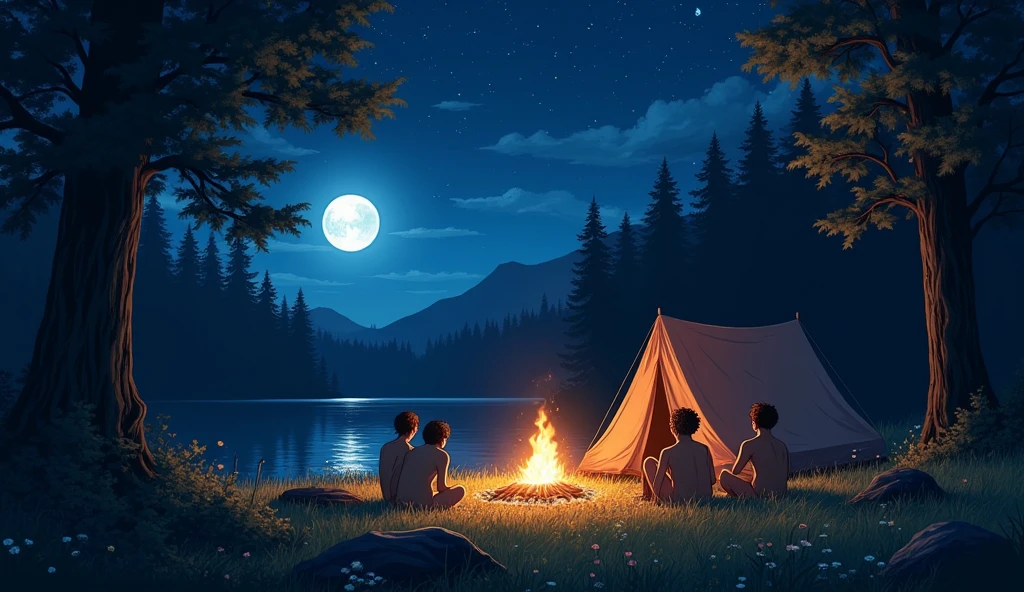 This image needs to be anime style and +18 a beautiful forest on a dark night with a lake beside it, A bonfire in the center of the forest. To the right of the bonfire is a tent large enough for four people, and there are four naked teenage boys sitting by the bonfire telling scary stories. The night is starry and the moon is full, with fireflies flying and flowers on the ground.