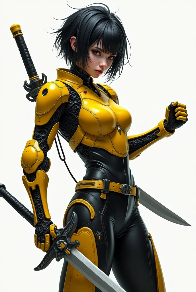 best quality, masterpiece, aesthetic, full-body dynamic pose high quality, 1girl punching, android, (yellow and black) upper armor, mechanical arms, short punk hair, black hair, white background, intense expression, looking at viewer, (simple background:1.4) a (giraffe pattern outfit) yellow and black outfit,sword,beautiful cyberpunk woman,cyberpunk angry gorgeous goddess,beautiful cyborg girl ,hyper realistic,intricate details,cinematic lighting,vibrant colors,award winning,stunning,masterpiece