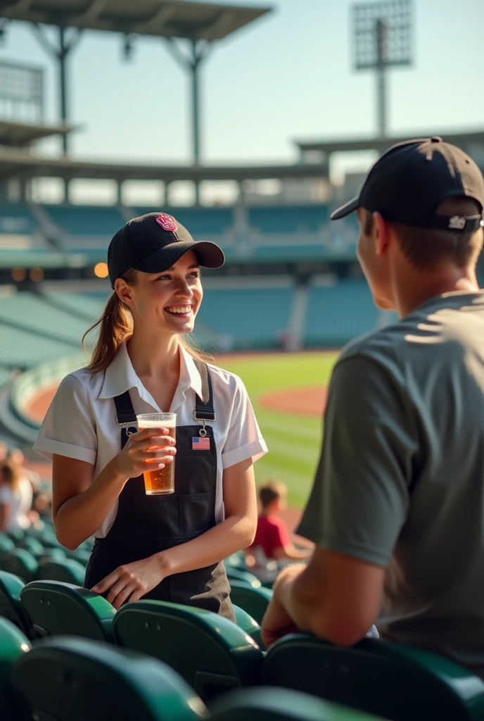 A girl in a uniform wearing a baseball cap selling beer at the stadium is talking to a man in the stands.
