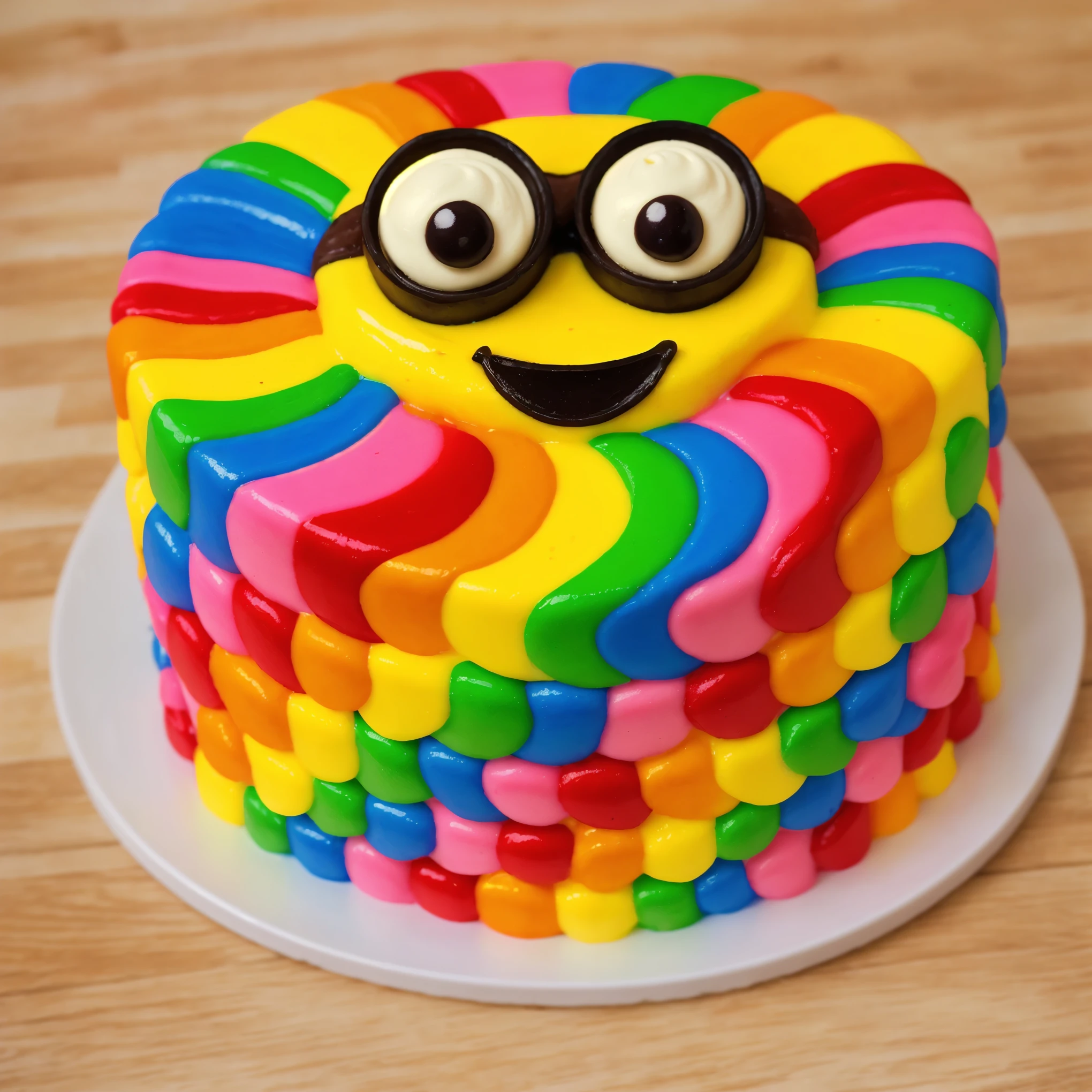 view from above. ON a wooden table. white plate stands. rainbow cream cake. cream strokes in a checkerboard pattern, yellow minion smiley on top, ((cream highlights)), bright lighting, beautiful light sources, realistic style , realistic texture, detailed texture, a high resolution, high quality, macro photography
