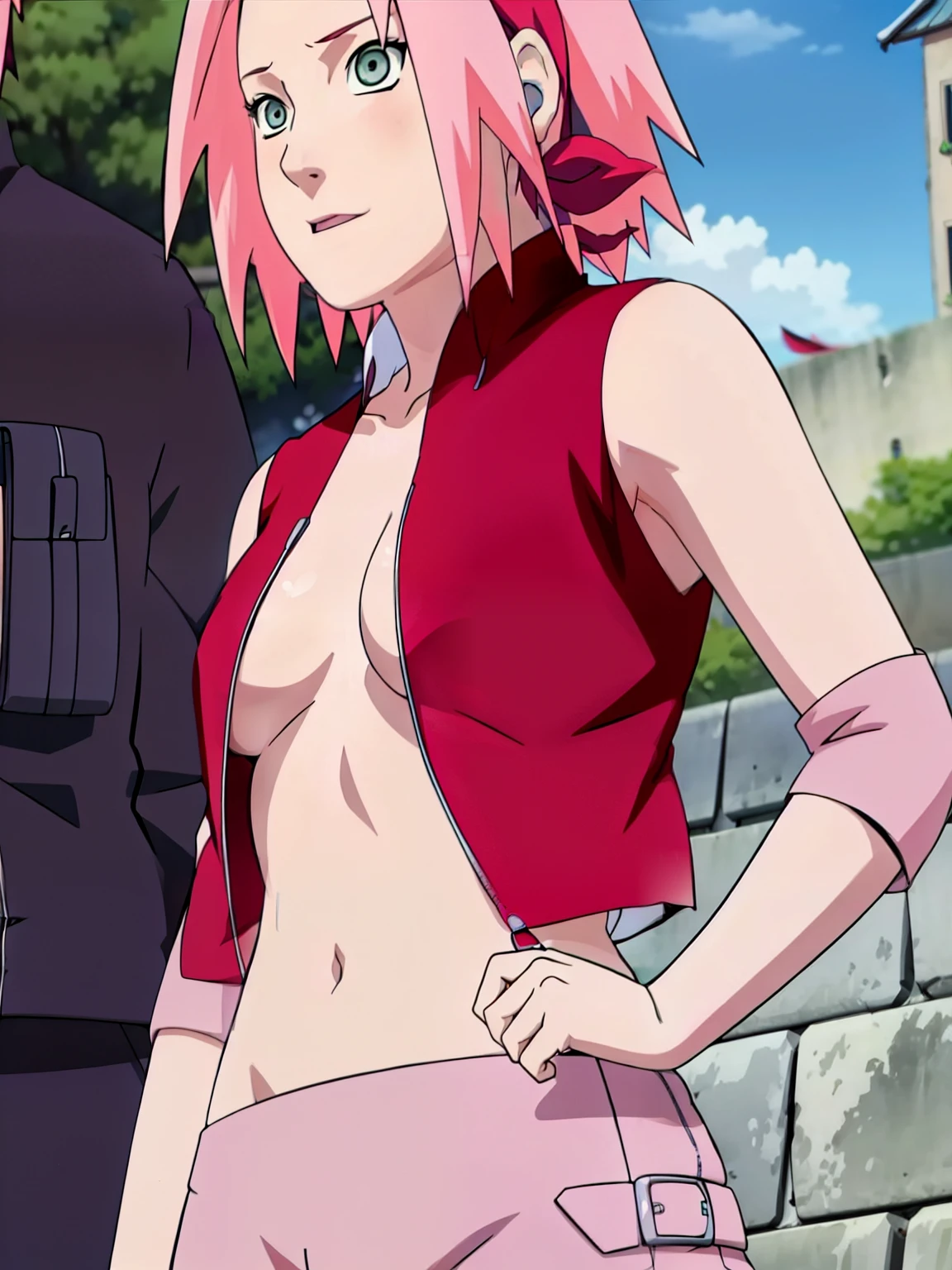 Sakura Haruno showing visible armpit open blouse open zipper ripped blouse open shirt ripped shirt showing chest visible breasts and sexy belly visible.