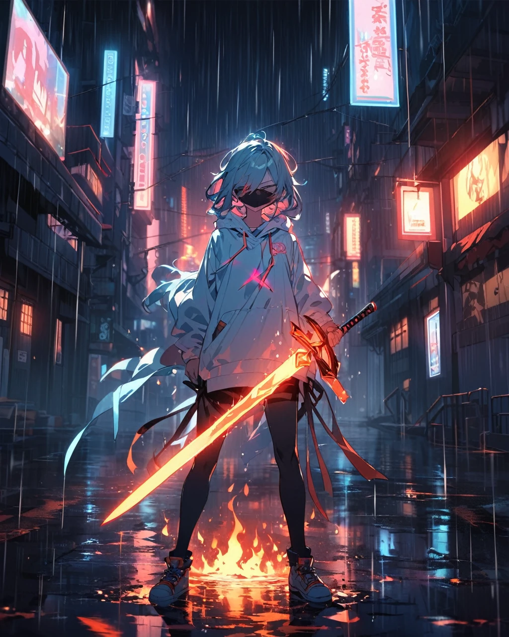 "A stylized anime character standing in a dark, rainy urban street with tall buildings. The character has white spiky hair, blindfolded with a long ribbon flowing behind, wearing a white hoodie with a glowing 'A' on the chest. The character is holding a flaming sword that glows brightly in the rain, with the flames wrapping around the blade. The scene is dramatic and cinematic, with reflections of city lights on the wet pavement, and a slightly neon-lit atmosphere. The overall mood is mysterious and intense, with a cool color palette contrasting with the warm glow of the flames."