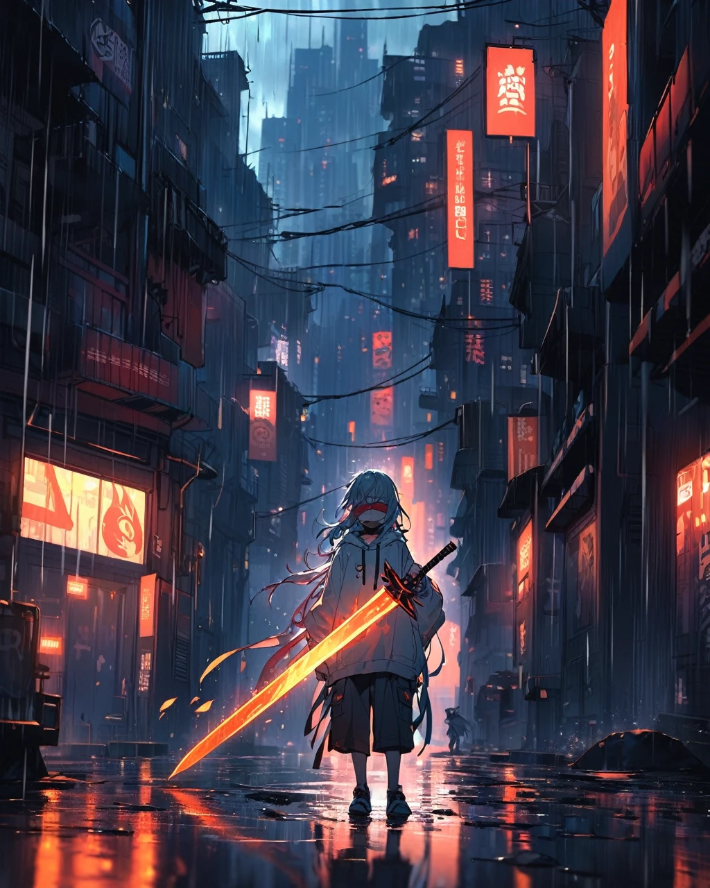 "A stylized anime character standing in a dark, rainy urban street with tall buildings. The character has white spiky hair, blindfolded with a long ribbon flowing behind, wearing a white hoodie with a glowing 'A' on the chest. The character is holding a flaming sword that glows brightly in the rain, with the flames wrapping around the blade. The scene is dramatic and cinematic, with reflections of city lights on the wet pavement, and a slightly neon-lit atmosphere. The overall mood is mysterious and intense, with a cool color palette contrasting with the warm glow of the flames."