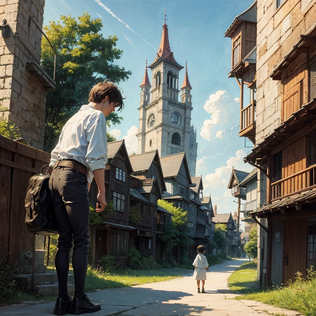 Realistic, Genuine, Beautiful and amazing landscape oil painting Studio Ghibli Hayao Miyazaki&#39;Petal meadow with blue sky and white clouds