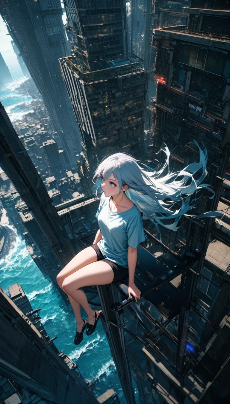 High resolution, Highest quality, high resolution, Super Fine, 16K, Incredibly absurd, Very detailed, Beautiful woman sitting on a trapeze suspended between two skyscrapers, Gazing into the distance, Wear a loose long T-shirt, Captivating look, Wind, Wind-effect, moonlit ocean, (Nice views:1.1) , Clockpunk
