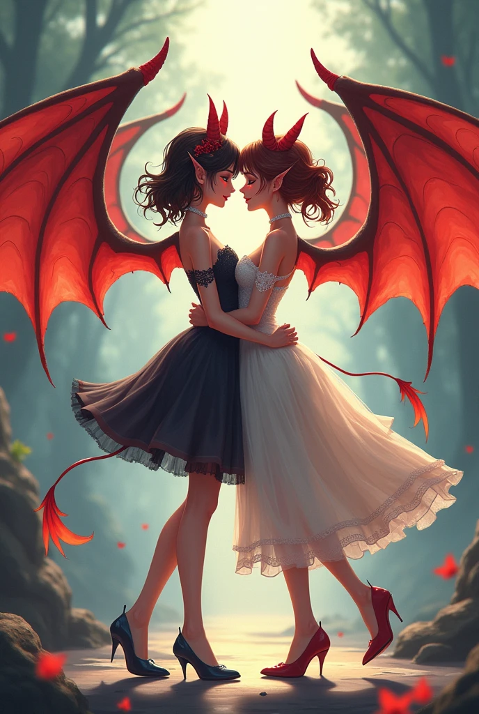 2 couples dressed as cute six-winged devils. Anime design