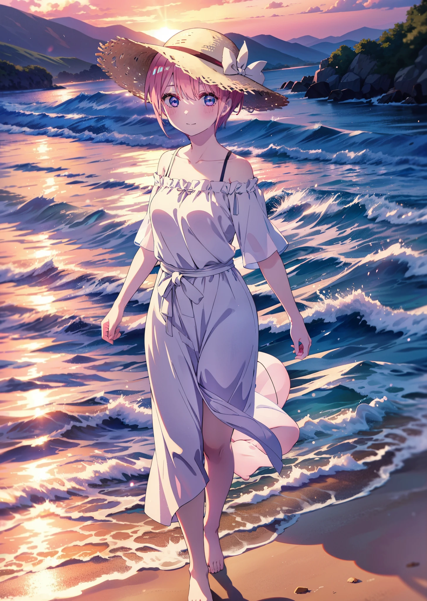 ichikanakano, Nakano Ichika, short hair, bangs, blue eyes, Hair between the eyes, Pink Hair, smile,blush,Open your mouth,Straw hat,White off-shoulder dress,Short sleeve,Long skirt,barefoot,Walking,sunset,evening,The sun is setting,Strolling on the sandy beach,
break outdoors, Beach,
break looking at viewer, whole body,
break (masterpiece:1.2), Highest quality, High resolution, unity 8k wallpaper, (figure:0.8), (Beautiful attention to detail:1.6), Highly detailed face, Perfect lighting, Highly detailed CG, (Perfect hands, Perfect Anatomy),